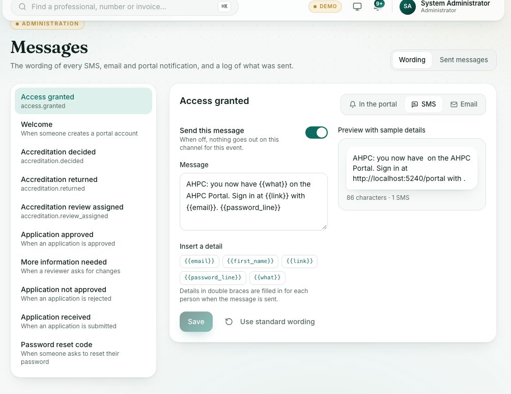 Wording: pick an event on the left, then SMS, Email or In the portal.