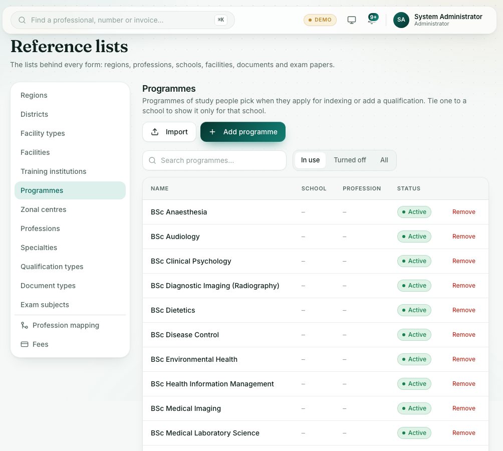 Reference lists → Programmes: each programme with its school and profession.