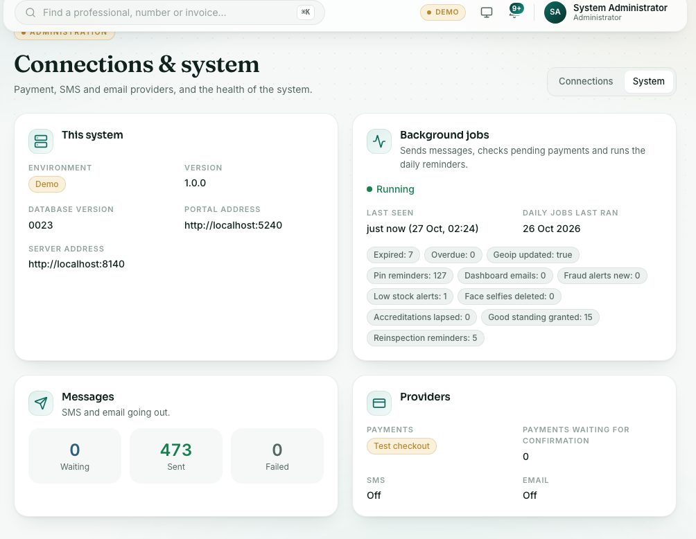 The System tab: this system, background jobs, messages and providers.